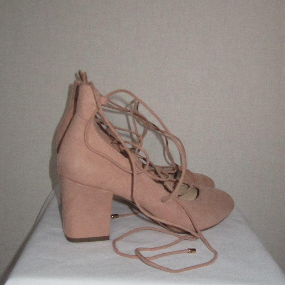 Blush Pink Suede Lace-up Block Heels